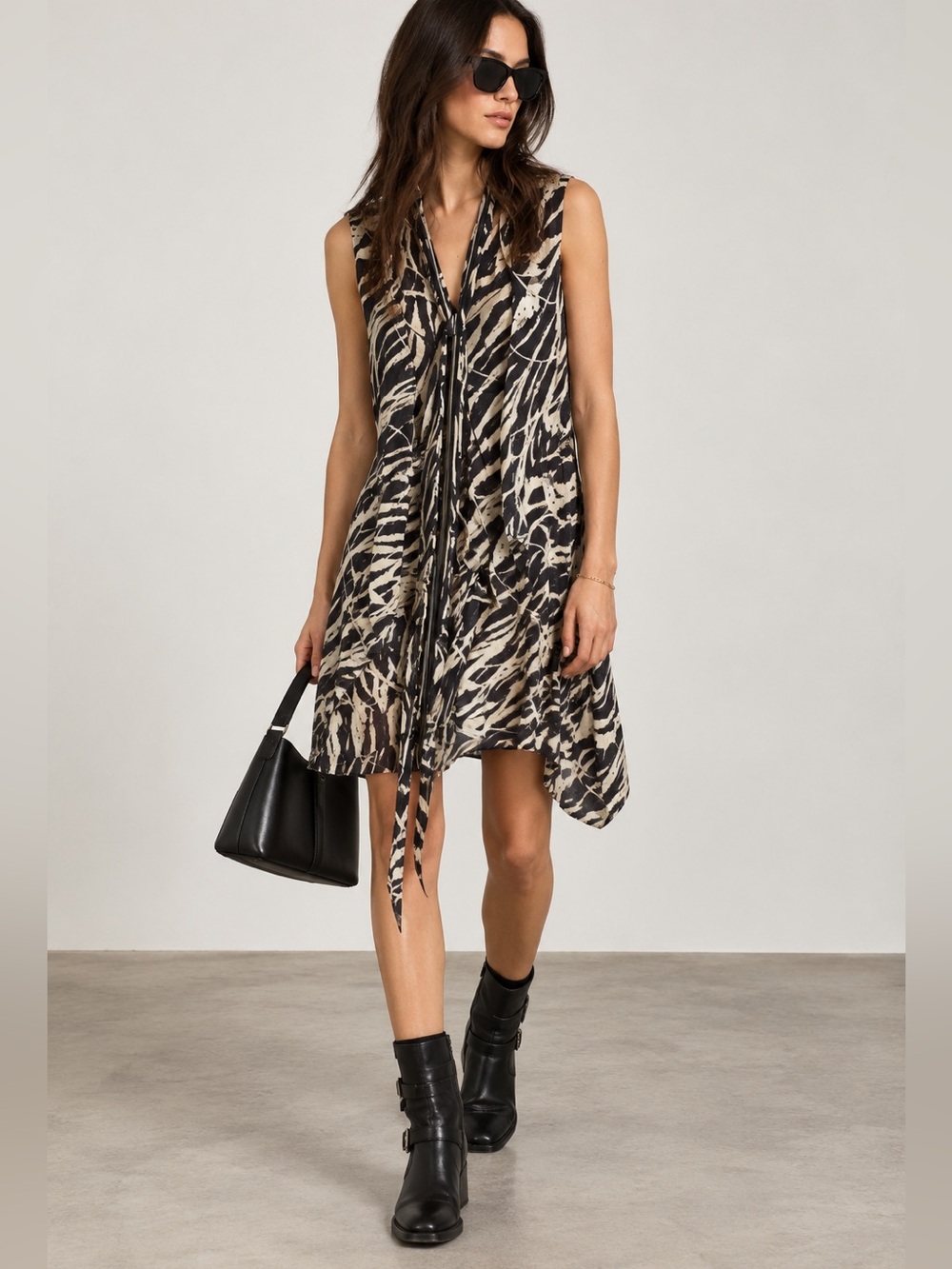 AllSaints Jayda Kazuno Dress Abstract Print Flowy Black Tan Artsy Small $260